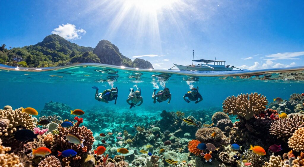 A vibrant scene depicting a snorkeling adventure in the Gili Islands, showcasing a clear turquoise sea teeming with colorful coral reefs and diverse marine life. In the foreground, a group of snorkelers in modest swimwear, equipped with snorkels and masks, can be seen exploring the underwater world. Brightly colored tropical fish swim amongst the coral, while a sunbeam breaks through the water’s surface, illuminating the scene. In the middle ground, a traditional Indonesian boat drifts gently, adding cultural context, with a backdrop of lush green island hills against a brilliant blue sky. The atmosphere is joyful and adventurous, capturing the spirit of exploration and the beauty of the marine ecosystem. Use natural lighting to enhance the vivid colors, and employ a wide-angle lens for a dynamic perspective.