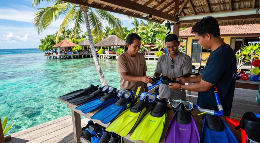 A vibrant scene depicting a snorkeling equipment rental shop in Amed, Bali, set against the backdrop of crystal-clear turquoise waters and lush greenery. In the foreground, various snorkeling gear—masks, fins, and snorkels—are neatly arranged on a wooden table, showcasing their bright colors. The middle ground features a friendly staff member, dressed in modest casual clothing, assisting a customer with equipment selection. In the background, traditional Balinese architecture complements the environment, while palm trees sway gently in the breeze under warm, natural sunlight. Capture the mood of adventure and relaxation typical of a tropical destination, with a focus on the joy of exploring underwater life. Use a wide-angle lens to emphasize the shop's welcoming atmosphere and the breathtaking scenery surrounding it.