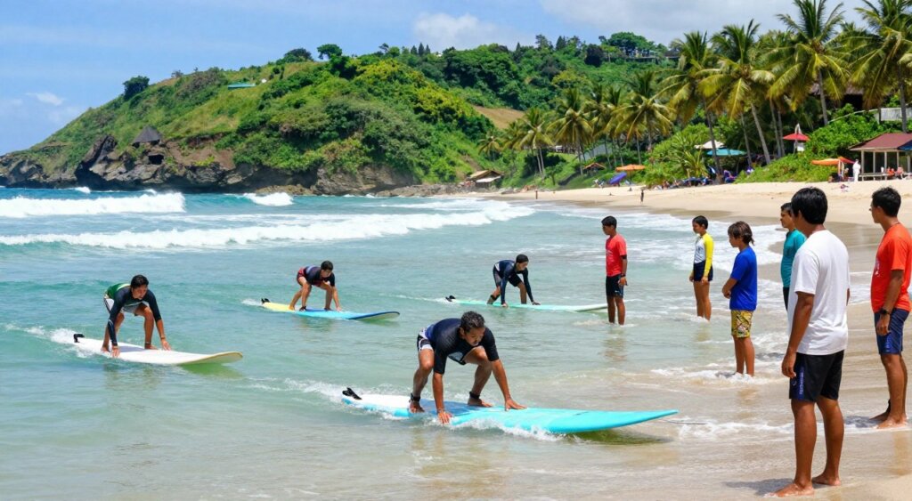 A vibrant scene depicting a surfing school on a beautiful Indonesian beach, with a mix of local and international students engaged in a lesson. In the foreground, an experienced instructor demonstrates proper paddling techniques on a surfboard, surrounded by learners eagerly watching. The middle ground features students waiting their turn in the warm, turquoise water, some practicing balance on soft-topped surfboards. In the background, the lush green hills and palm trees frame the beach, with gentle waves breaking against the shore under a clear blue sky. The lighting is bright and sun-drenched, giving a lively and energetic mood to the scene. Shot with a wide-angle lens to capture the entire atmosphere, showcasing the excitement of learning to surf in this idyllic location. A vibrant scene depicting a surfing school on a beautiful Indonesian beach, with a mix of local and international students engaged in a lesson. In the foreground, an experienced instructor demonstrates proper paddling techniques on a surfboard, surrounded by learners eagerly watching. The middle ground features students waiting their turn in the warm, turquoise water, some practicing balance on soft-topped surfboards. In the background, the lush green hills and palm trees frame the beach, with gentle waves breaking against the shore under a clear blue sky. The lighting is bright and sun-drenched, giving a lively and energetic mood to the scene. Shot with a wide-angle lens to capture the entire atmosphere, showcasing the excitement of learning to surf in this idyllic location.