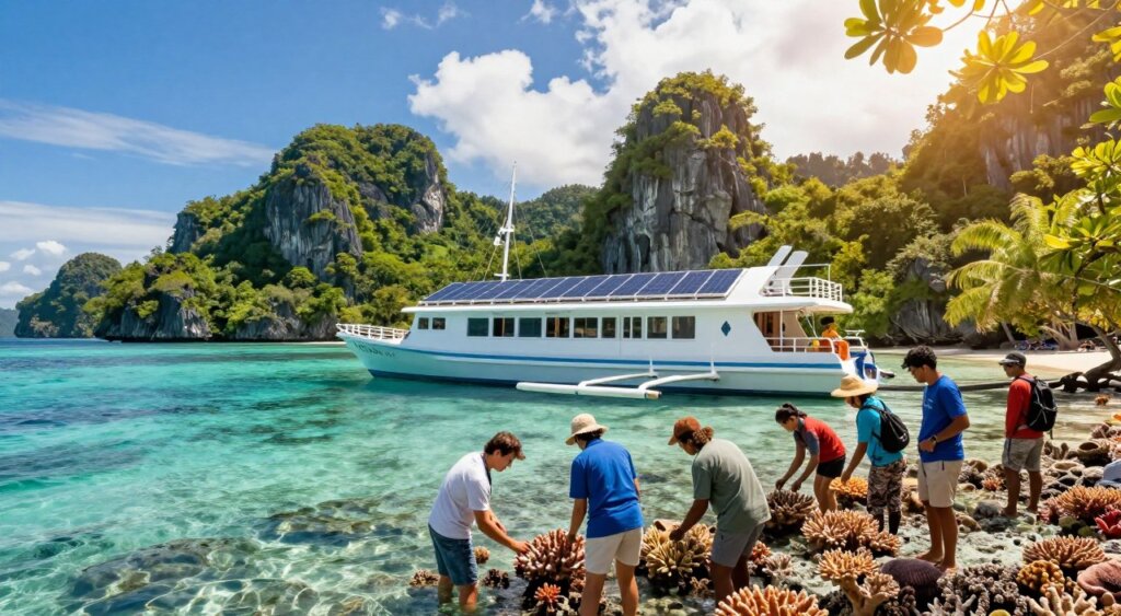 A vibrant scene depicting a sustainable liveaboard boat anchored in the crystal-clear waters of Raja Ampat. In the foreground, show a diverse group of eco-conscious travelers wearing modest casual attire, interacting with marine biologists as they examine coral reefs. In the middle, the sleek liveaboard boat showcases solar panels and eco-friendly features. The background captures the stunning limestone islands covered in lush green vegetation, under a bright blue sky with fluffy clouds. Golden sunlight filters through the trees, creating a warm, inviting atmosphere. Use a wide-angle lens to accentuate the beauty of the landscape and emphasize the sense of adventure and conservation efforts. Aim for a realistic, photojournalistic quality reminiscent of National Geographic, highlighting the importance of ecotourism in preserving this unique environment.