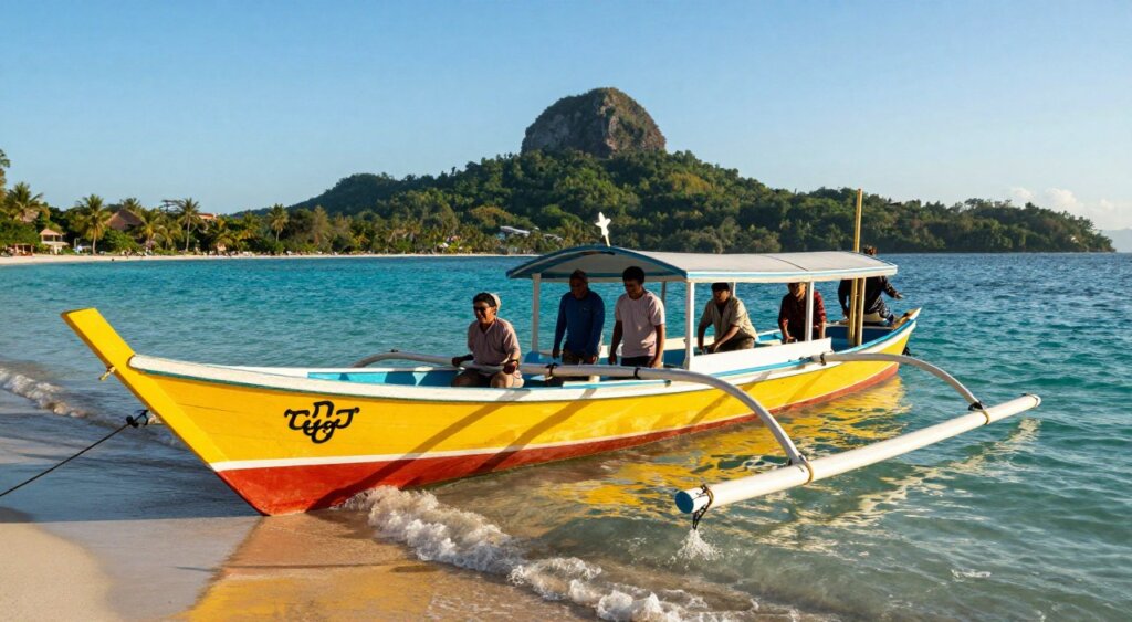 A vibrant scene depicting a traditional wooden boat designed for transportation between Lombok and the Gili Islands. In the foreground, the boat is anchored, showcasing its bright colors reflecting sunlight, with tourists in modest casual clothing boarding with excitement. The middle ground features clear turquoise waters, with gentle waves lapping against the boat. In the background, the stunning silhouette of the Gili Islands can be seen, with lush greenery and sandy shores under a clear blue sky. The lighting is warm and inviting, suggesting a sunny day, enhancing the tropical atmosphere. The angle captures the boat from a slightly low perspective, emphasizing its design and the thrill of adventure, reminiscent of National Geographic photojournalism. A vibrant scene depicting a traditional wooden boat designed for transportation between Lombok and the Gili Islands. In the foreground, the boat is anchored, showcasing its bright colors reflecting sunlight, with tourists in modest casual clothing boarding with excitement. The middle ground features clear turquoise waters, with gentle waves lapping against the boat. In the background, the stunning silhouette of the Gili Islands can be seen, with lush greenery and sandy shores under a clear blue sky. The lighting is warm and inviting, suggesting a sunny day, enhancing the tropical atmosphere. The angle captures the boat from a slightly low perspective, emphasizing its design and the thrill of adventure, reminiscent of National Geographic photojournalism.