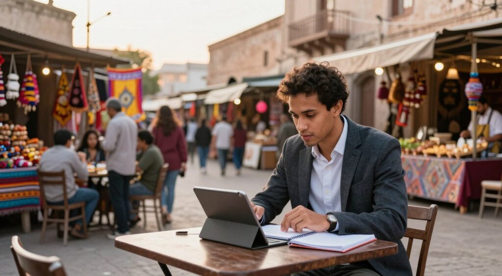 A vibrant scene depicting an expat engaging in language learning within a culturally rich environment. In the foreground, a focused young professional of mixed ethnicity studies at a small outdoor café table, surrounded by notebooks and a tablet, dressed in smart casual attire. In the middle ground, a lively market scene unfolds with locals conversing, showcasing traditional crafts, colorful banners, and diverse food stalls. The background features picturesque, historic architecture typical of the region, bathed in warm, golden-hour sunlight. The atmosphere is inviting and immersive, conveying a sense of connection between the expat and the local culture, with soft-focus elements to enhance depth. The overall mood is one of exploration, growth, and cultural exchange.
