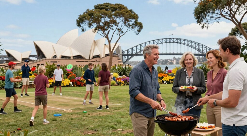 A vibrant scene depicting an outdoor gathering where a diverse group of people is engaging in Australian customs. In the foreground, a smiling group of expats from various backgrounds, wearing casual but professional clothes, are enjoying a traditional Australian barbecue, flipping sausages and sharing stories. In the middle ground, native Australian plants like eucalyptus trees and colorful wildflowers create a natural backdrop, while local families participate in playful activities like cricket or tossing a frisbee. The background features iconic Australian landmarks, such as the Sydney Opera House or the Harbour Bridge, set against a clear blue sky. Soft, warm lighting illuminates the scene, evoking a friendly and welcoming atmosphere, reminiscent of a sunny day in Australia.