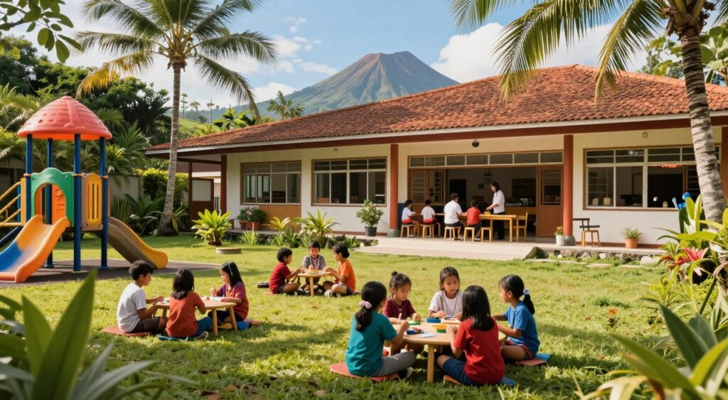 A vibrant scene depicting international schools in Bali for expat families. In the foreground, a diverse group of children, ages 6-12, engaged in outdoor classroom activities surrounded by lush tropical greenery and colorful playground equipment. The middle ground features a modern, open-air school building with large windows, showcasing teachers interacting with students. In the background, a serene landscape of palm trees and volcanic hills under a bright blue sky. The lighting is warm and inviting, capturing the essence of a sunny day. The atmosphere feels lively and inviting, emphasizing a strong sense of community and multiculturalism, ideal for families looking for quality education in Bali. Realistic, photojournalism style with a focus on authenticity and detail.