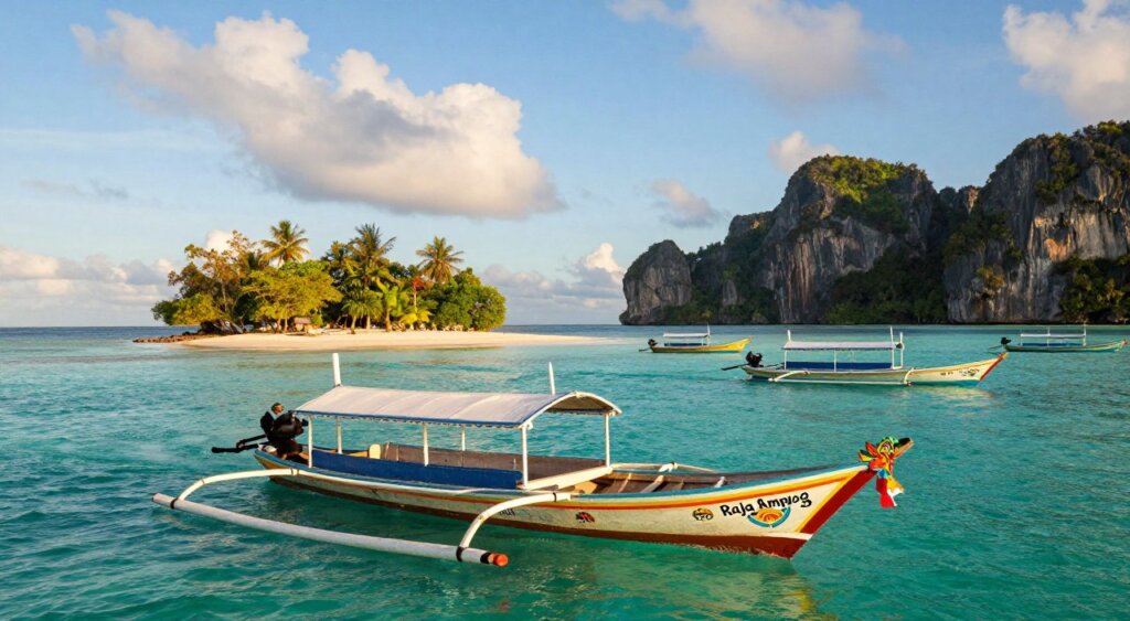 A vibrant scene depicting local transportation options in Raja Ampat, showcasing a traditional wooden boat adorned with colorful decorations in the foreground, navigating through crystal-clear turquoise waters. In the middle ground, several other boats are anchored near a small, remote island with lush green foliage and white sandy beaches. The background features dramatic limestone cliffs jutting out from the sea, with a bright blue sky above punctuated by soft, fluffy clouds. The lighting is warm and inviting, suggesting late afternoon, casting a golden hue across the landscape. The composition should evoke a sense of adventure and exploration, capturing the essence of local travel in this stunning archipelago, while maintaining a professional photojournalism style reminiscent of National Geographic.