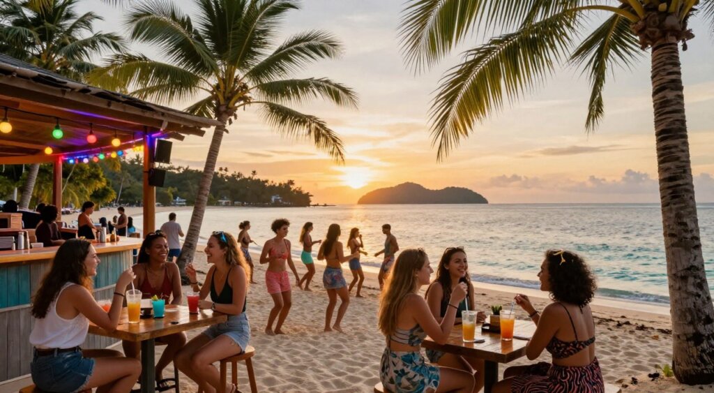 A vibrant scene depicting popular party spots in the Gili Islands during sunset. In the foreground, a lively beach bar with wooden tables and colorful string lights, surrounded by palm trees. Friends are laughing and enjoying drinks while dressed in casual beach attire, capturing a relaxed and festive atmosphere. In the middle ground, a group of people dancing on the sandy beach, illuminated by warm golden lighting as the sun sets on the horizon. The background reveals picturesque islands and crystal-clear waters, with subtle waves gently lapping at the shore. The scene conveys a joyful, carefree mood, reminiscent of tropical celebrations. The image should reflect National Geographic quality, with rich colors and crisp details.