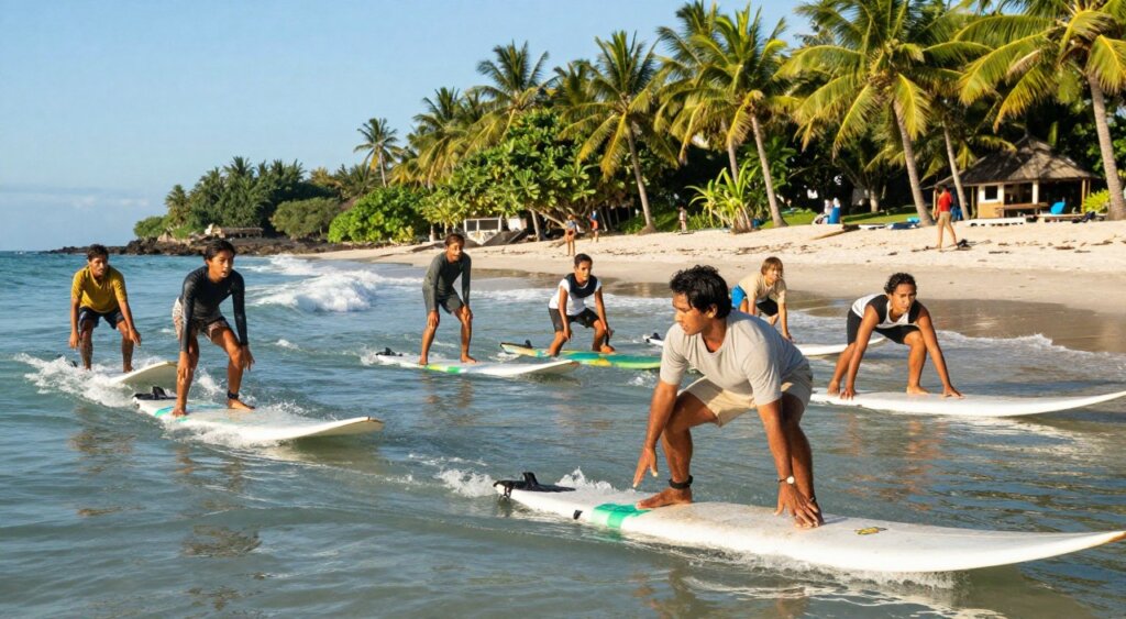 A vibrant scene depicting surf lessons in Lombok, showcasing a professional instructor guiding a diverse group of eager learners in a picturesque beach setting. In the foreground, focus on the instructor, a person in modest casual clothing, demonstrating proper paddling technique on a surfboard. In the middle ground, several students, also dressed in modest attire, practice balancing on their boards, their expressions a mix of concentration and excitement. The background features gently rolling waves, framed by lush green palm trees and a clear blue sky, with soft sunlight illuminating the scene, casting warm highlights on the water. Capture the dynamic energy of surfing, with a slight angled aerial perspective that conveys both the beauty and activity of the beach environment, evoking a feeling of adventure and instruction.