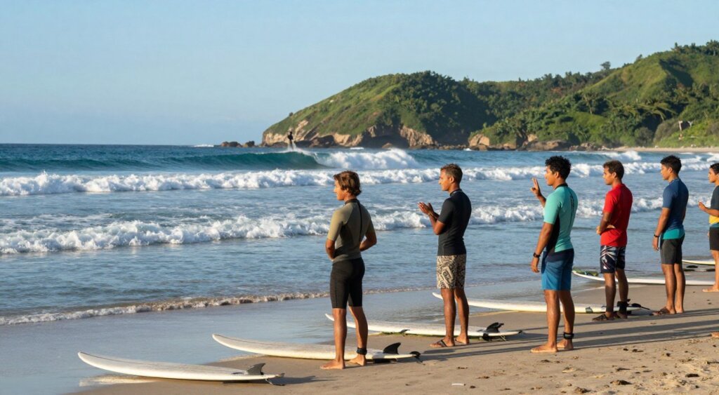 A vibrant scene depicting surfers waiting in the lineup at a picturesque Lombok beach, showcasing the essence of surfing etiquette. In the foreground, several surfers in modest, colorful wetsuits or casual beachwear are positioned on their boards, displaying patience and respect for one another with friendly gestures and smiles. The middle ground features gentle waves rolling toward the shore, where a distant silhouette of a surfer catches a wave gracefully. In the background, lush green hills frame the beach, and a clear blue sky enhances the serene atmosphere. The lighting is warm and inviting, suggesting late afternoon sun casting soft shadows. The image captures a harmonious and respectful surfing culture, reminiscent of National Geographic's photojournalism style, showcasing the beauty and etiquette of Lombok's surfing community. A vibrant scene depicting surfers waiting in the lineup at a picturesque Lombok beach, showcasing the essence of surfing etiquette. In the foreground, several surfers in modest, colorful wetsuits or casual beachwear are positioned on their boards, displaying patience and respect for one another with friendly gestures and smiles. The middle ground features gentle waves rolling toward the shore, where a distant silhouette of a surfer catches a wave gracefully. In the background, lush green hills frame the beach, and a clear blue sky enhances the serene atmosphere. The lighting is warm and inviting, suggesting late afternoon sun casting soft shadows. The image captures a harmonious and respectful surfing culture, reminiscent of National Geographic's photojournalism style, showcasing the beauty and etiquette of Lombok's surfing community.