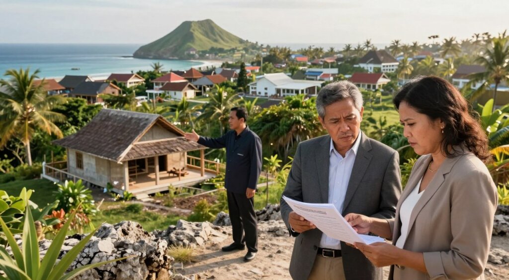 A vibrant scene depicting the challenges of buying property in Lombok, Indonesia. In the foreground, a middle-aged couple in professional attire examines property documents while standing on uneven, rocky terrain, their expressions reflecting concern and uncertainty. In the middle ground, a local real estate agent gestures towards a picturesque but complicated property with an unfinished structure, surrounded by lush tropical vegetation. In the background, the iconic Lombok coastline is visible, with a mix of traditional housing and modern resorts, highlighting the contrast between old and new. The scene is bathed in warm, soft morning light, creating a sense of hope but also illustrating the obstacles faced by prospective buyers. The camera angle is slightly elevated, capturing both the individuals and the property landscape in a natural, engaging composition.
