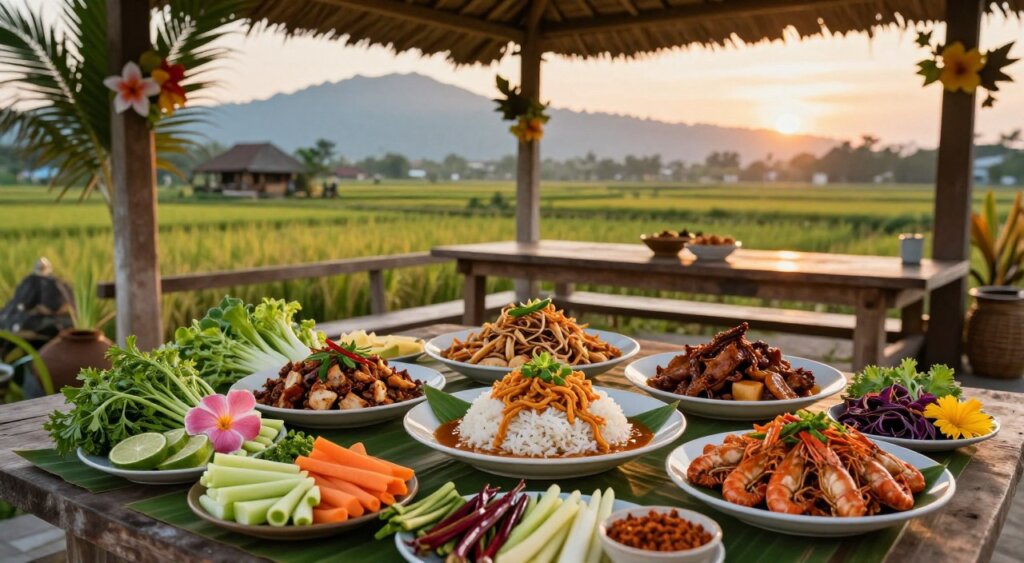 A vibrant scene depicting traditional Balinese dishes from Amed Village, showcasing beautifully arranged plates of local delicacies such as Nasi Campur, Ayam Betutu, and fresh seafood. In the foreground, colorful ingredients like fresh vegetables, aromatic herbs, and spices are artfully displayed. The middle ground features a rustic wooden dining table set under a thatched gazebo, adorned with palm leaves and tropical flowers. The background reveals the picturesque landscape of Amed, with rice fields and distant mountains under a soft golden sunset, casting warm light on the dishes. Capture the essence of local cuisine in a professional photojournalism style, evoking a sense of community and culinary heritage. Use a slight depth of field with a focus on the food to enhance the image's intimacy and allure. A vibrant scene depicting traditional Balinese dishes from Amed Village, showcasing beautifully arranged plates of local delicacies such as Nasi Campur, Ayam Betutu, and fresh seafood. In the foreground, colorful ingredients like fresh vegetables, aromatic herbs, and spices are artfully displayed. The middle ground features a rustic wooden dining table set under a thatched gazebo, adorned with palm leaves and tropical flowers. The background reveals the picturesque landscape of Amed, with rice fields and distant mountains under a soft golden sunset, casting warm light on the dishes. Capture the essence of local cuisine in a professional photojournalism style, evoking a sense of community and culinary heritage. Use a slight depth of field with a focus on the food to enhance the image's intimacy and allure.