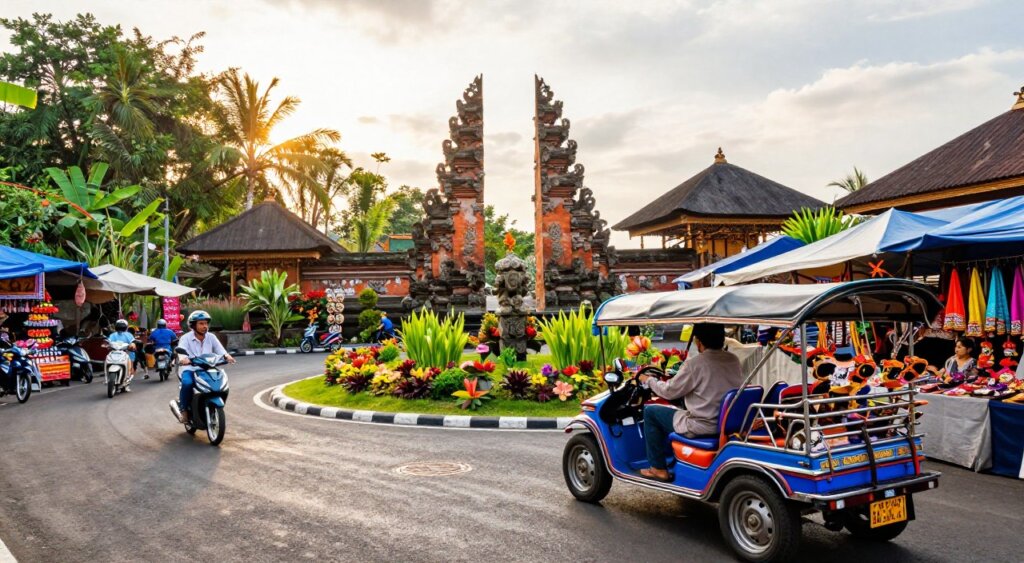 A vibrant scene depicting various modes of transportation leading to the stunning Seminyak temples in Bali. In the foreground, a traditional Balinese taxi with a driver in modest clothing is parked beside a bustling street market, where colorful local vendors showcase handicrafts. In the middle ground, a circular pathway is visible, with scooters and bicycles weaving through the lush greenery, accentuated by tropical flowers. The majestic Seminyak temples rise in the background, characterized by their intricate architecture and tranquil atmosphere. Golden sunlight filters through the trees, casting a warm glow on the scene, enhancing the vibrant colors of the landscape. Capture this with a wide-angle lens to emphasize depth and a documentary-style composition, evoking a sense of adventure and cultural exploration. A vibrant scene depicting various modes of transportation leading to the stunning Seminyak temples in Bali. In the foreground, a traditional Balinese taxi with a driver in modest clothing is parked beside a bustling street market, where colorful local vendors showcase handicrafts. In the middle ground, a circular pathway is visible, with scooters and bicycles weaving through the lush greenery, accentuated by tropical flowers. The majestic Seminyak temples rise in the background, characterized by their intricate architecture and tranquil atmosphere. Golden sunlight filters through the trees, casting a warm glow on the scene, enhancing the vibrant colors of the landscape. Capture this with a wide-angle lens to emphasize depth and a documentary-style composition, evoking a sense of adventure and cultural exploration.