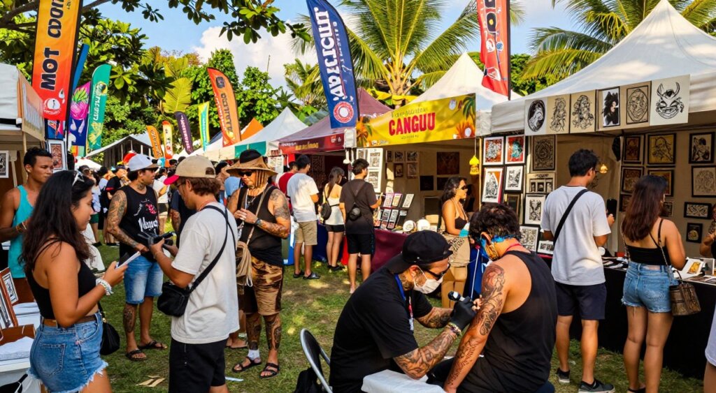 A vibrant scene from the Canggu Tattoo Festival, capturing a diverse crowd of tattoo artists and enthusiasts mingling amidst colorful stall banners and intricate artwork on display. In the foreground, a tattoo artist is focused on creating a detailed piece on a client's arm, surrounded by admiring onlookers in casual summer clothing. In the middle ground, lively festival tents, each showcasing unique tattoo styles and merchandise, create a bustling atmosphere. The background features lush tropical greenery typical of Canggu, with clear blue skies and sunlight filtering through the leaves. The image should convey excitement and creativity, with warm lighting reminiscent of a bright day, shot with a wide-angle lens to capture both the artistry and the festival's joyous ambiance.
