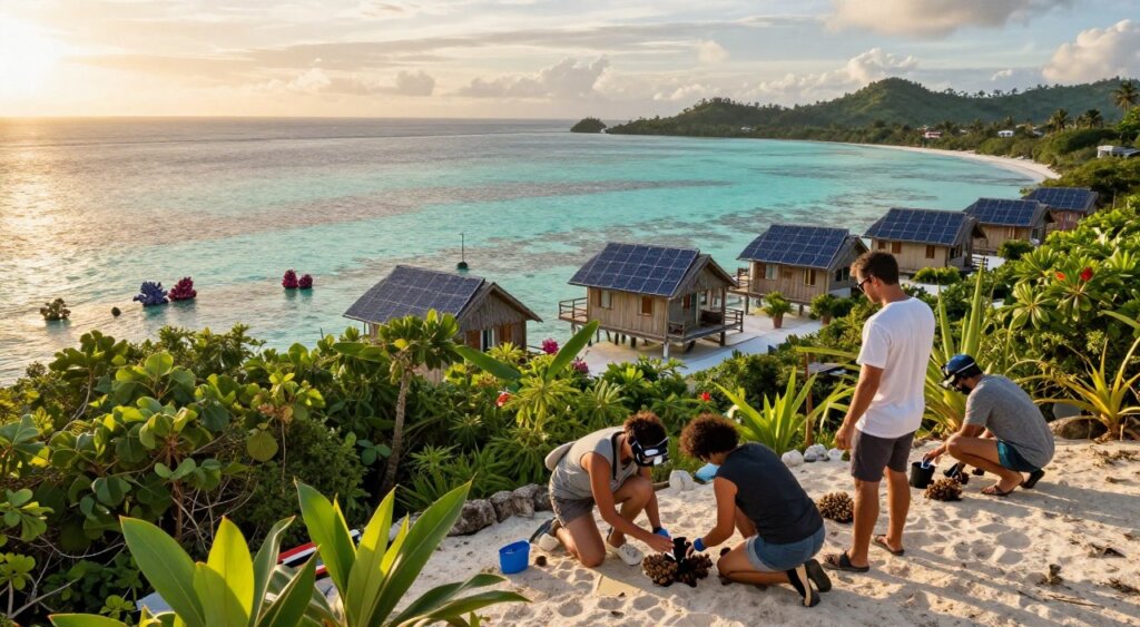 A vibrant scene highlighting sustainable travel practices in Raja Ampat, Indonesia. In the foreground, a diverse group of three travelers in modest casual clothing engages in eco-friendly activities like snorkeling and coral planting, showcasing commitment to conservation. The middle ground features lush green tropical vegetation and eco-friendly beachfront bungalows with solar panels, symbolizing sustainable tourism. In the background, the crystal-clear turquoise waters are dotted with small, colorful coral reefs. The sun is setting, casting a warm golden glow over the scene, enhancing the tranquil atmosphere. Use a wide-angle lens to capture the expansive beauty of the landscape, with soft lighting that accentuates the natural colors and textures, evoking a sense of harmony with nature.
