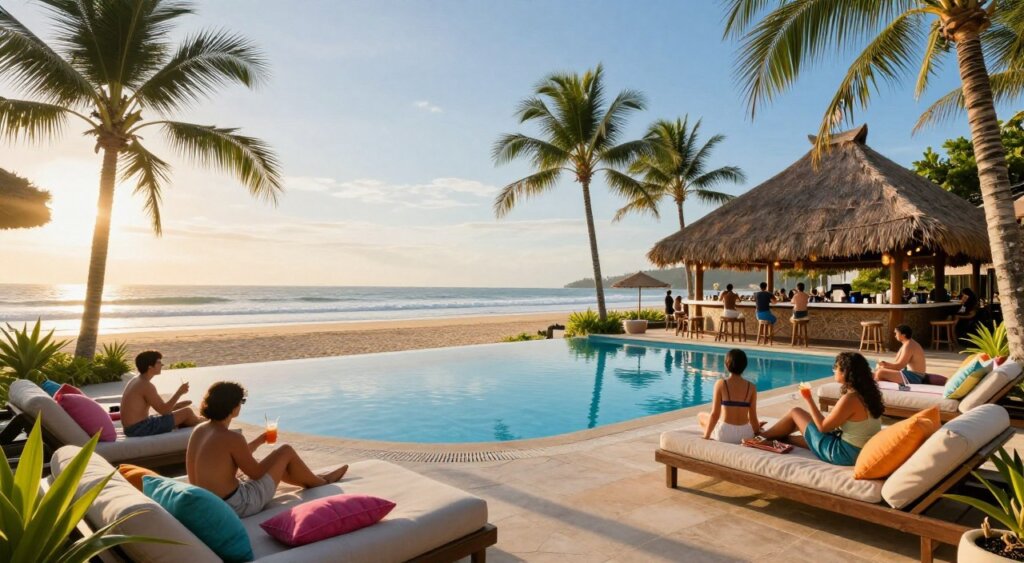 A vibrant scene of Canggu Beach Club, showcasing a picturesque leisure destination. In the foreground, plush lounge chairs with colorful cushions invite relaxation, with a few people in modest casual attire sipping drinks. The middle ground features a stylish infinity pool, reflecting the clear blue sky, surrounded by swaying palm trees and tropical plants. Guests gather at a chic bar under a thatched roof, enjoying the laid-back atmosphere. In the background, the golden sands of Canggu Beach stretch toward the horizon, where gentle waves meet the shore. The sun is setting, casting a warm, golden glow over the scene, creating a serene and inviting mood. Capture this with a wide-angle lens for depth and detail, emphasizing the blend of natural beauty and modern comforts. Safe for work environment with no distractions.