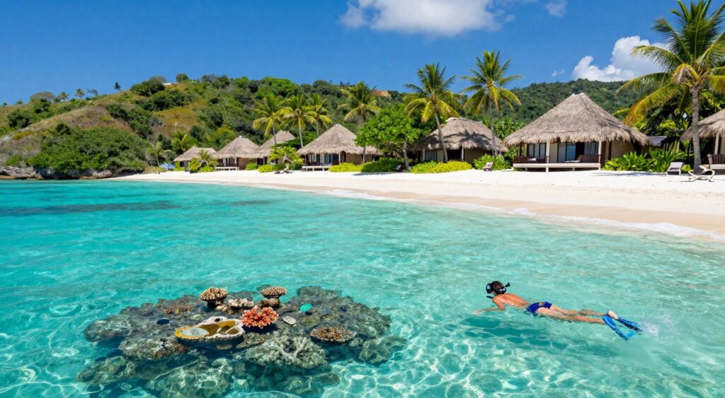 A vibrant scene of Gili Trawangan showcasing its enchanting snorkeling spots and luxurious resorts. In the foreground, crystal-clear turquoise waters gently lap against soft white sandy beaches, with colorful coral reefs visible beneath the surface. A couple of snorkelers in modest swim attire explore the underwater world, marveling at tropical fish. In the middle ground, elegantly designed luxury resorts with thatched roofs and lush greenery surround the beach, creating a tranquil atmosphere. The background features lush hills dotted with palm trees under a sunny, blue sky. The sunlight sparkles on the water, enhancing the idyllic tropical mood. Capture this image in a wide-angle perspective, evoking a sense of peace and relaxation, reminiscent of National Geographic photojournalism style. A vibrant scene of Gili Trawangan showcasing its enchanting snorkeling spots and luxurious resorts. In the foreground, crystal-clear turquoise waters gently lap against soft white sandy beaches, with colorful coral reefs visible beneath the surface. A couple of snorkelers in modest swim attire explore the underwater world, marveling at tropical fish. In the middle ground, elegantly designed luxury resorts with thatched roofs and lush greenery surround the beach, creating a tranquil atmosphere. The background features lush hills dotted with palm trees under a sunny, blue sky. The sunlight sparkles on the water, enhancing the idyllic tropical mood. Capture this image in a wide-angle perspective, evoking a sense of peace and relaxation, reminiscent of National Geographic photojournalism style.