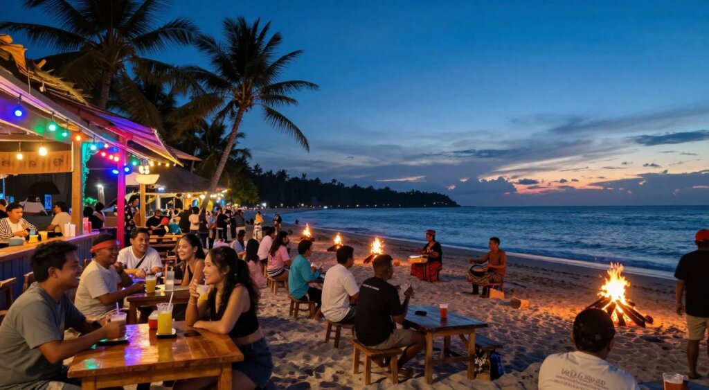 A vibrant scene of Lombok Kuta nightlife, captured at dusk. In the foreground, a lively beach bar with wooden tables and colorful string lights, patrons enjoying drinks in modest summer attire, laughing and chatting. In the middle ground, local musicians playing traditional instruments, creating a festive atmosphere; the beach is dotted with small flickering bonfires. The background features silhouettes of palm trees against a deep blue sky, transitioning to twilight hues. The horizon glows with the last light of the sun dipping into the ocean. The image is well-lit with soft lighting to emphasize the warm, relaxed mood. Use a wide-angle lens to capture the bustling ambiance.
