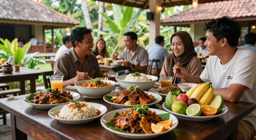 A vibrant scene of Lombok's culinary experiences, showcasing a bustling outdoor restaurant setting. In the foreground, a beautifully arranged table with traditional Indonesian dishes like Nasi Lombok, Ayam Taliwang, and fresh fruits, all vibrant in color and texture. The middle layer features diners enjoying their meals, wearing modest casual clothing, smiling and engaging with one another, capturing the joy of sharing food. The background reveals lush tropical greenery and traditional Balinese-style architecture, enhancing the cultural ambiance. Soft, natural lighting filters through the trees, creating a warm, inviting atmosphere. The image should evoke a sense of community and celebration around Lombok's diverse culinary offerings, reminiscent of an engaging travel feature. The angle should be slightly elevated to capture both the table and the surroundings in a cohesive view.