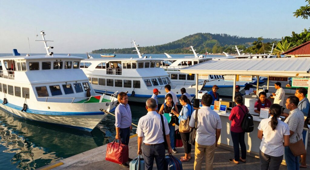 A vibrant scene of Sanur Port in Bali during late afternoon, showcasing a variety of ferries lined up at the dock ready for service. In the foreground, passengers carrying luggage safely board a sleek, modern ferry, dressed in casual but professional attire, with warm sunlight illuminating their faces. The middle ground features a bustling ticket counter with friendly staff assisting travelers, surrounded by promotional materials about ferry services. In the background, the crystal-clear waters reflect the blue sky, dotted with traditional fishing boats and the distant silhouette of lush green hills. The composition captures a sense of activity and anticipation, highlighting the importance of ferry services at this picturesque port. Use natural lighting to create a warm, inviting atmosphere, as if inviting viewers to explore Bali’s stunning destinations.