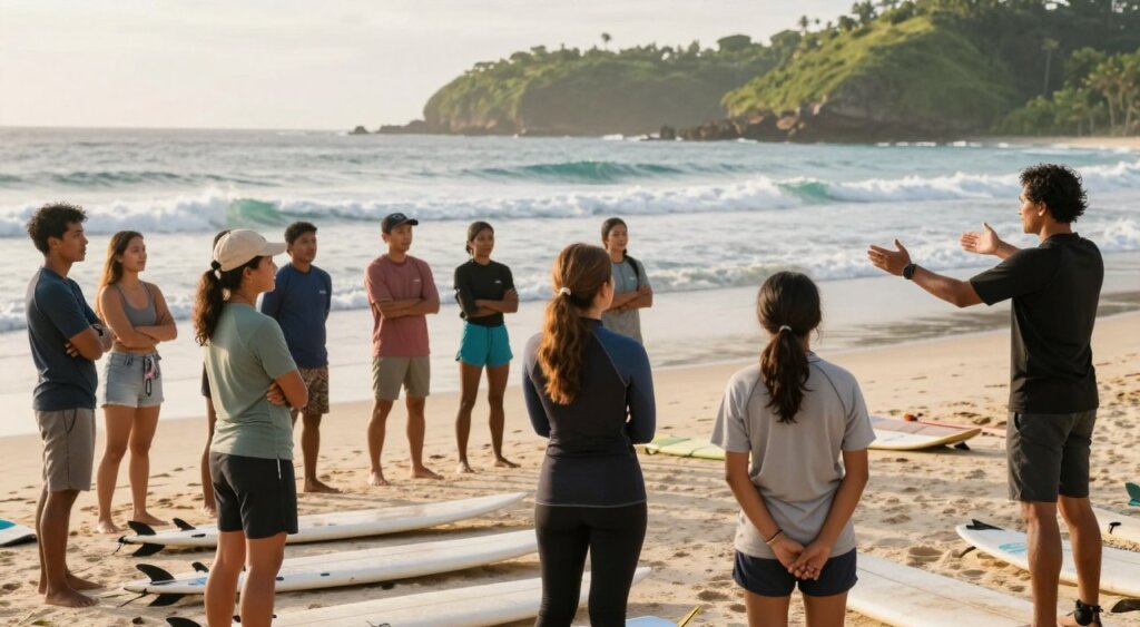 A vibrant scene of a Lombok surf school in action, highlighting safety protocols. In the foreground, a group of diverse adults, dressed in modest casual surf gear, attentively listening to an instructor demonstrating safety techniques for surfing. Their expressions reflect focus and enthusiasm. In the middle ground, soft sand underfoot, and surfboards are lined up, some with safety leashes attached. The background showcases the serene ocean waves, gently rolling towards the shore, with lush green hills framing the landscape. Soft golden sunlight casts a warm glow, enhancing the inviting atmosphere. Capture the scene with a wide-angle lens, focusing on the interaction between the instructor and students, creating a professional photojournalistic quality reminiscent of National Geographic.
