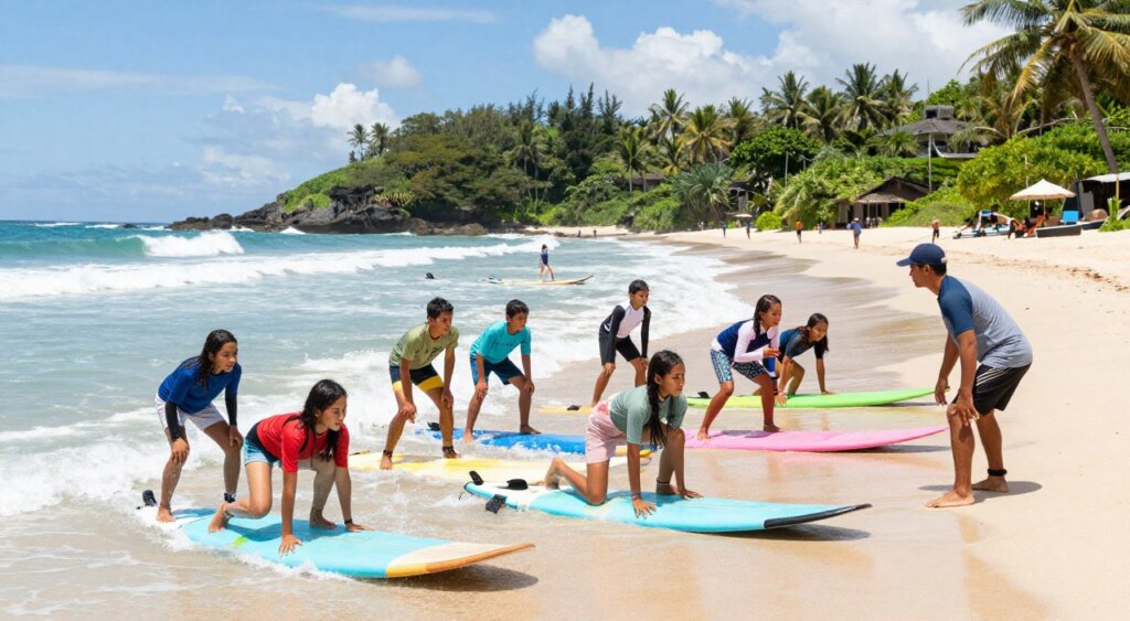 A vibrant scene of a Lombok surf school lesson set on a sunny, clear day. In the foreground, a diverse group of students, wearing modest casual clothing and eager expressions, practice their surfing techniques on colorful longboards. An experienced instructor, dressed in a professional surf school uniform, demonstrates proper paddling techniques. In the middle ground, gentle waves lap against the sandy shore, with a few surfers catching waves in the background, framed by lush tropical vegetation lining the beach. The bright blue sky is dotted with fluffy white clouds, creating a warm, inviting atmosphere. The composition captures the excitement and learning spirit of surfing, with dynamic angles that hint at the motion of the waves and the energy of the participants, in a realistic photojournalism style reflecting National Geographic quality. A vibrant scene of a Lombok surf school lesson set on a sunny, clear day. In the foreground, a diverse group of students, wearing modest casual clothing and eager expressions, practice their surfing techniques on colorful longboards. An experienced instructor, dressed in a professional surf school uniform, demonstrates proper paddling techniques. In the middle ground, gentle waves lap against the sandy shore, with a few surfers catching waves in the background, framed by lush tropical vegetation lining the beach. The bright blue sky is dotted with fluffy white clouds, creating a warm, inviting atmosphere. The composition captures the excitement and learning spirit of surfing, with dynamic angles that hint at the motion of the waves and the energy of the participants, in a realistic photojournalism style reflecting National Geographic quality.