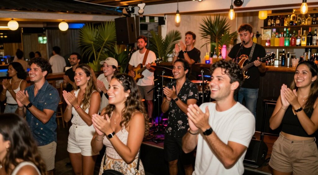 A vibrant scene of a live music performance at a Seminyak sports bar, featuring a relaxed atmosphere filled with enthusiastic patrons enjoying the show. In the foreground, a group of diverse people in smart casual attire claps and sways to the music, with light reflecting off their smiling faces. The middle of the frame showcases a small stage where a local band plays lively music under warm, glowing lights that create an inviting ambiance. In the background, the bar is well-stocked with colorful beverages, while tropical plants and subtle decor accentuate the bar's unique charm. Capture this moment with a slightly tilted angle, mimicking the energy of the performance, while maintaining a warm and lively color palette to evoke a sense of fun and community.