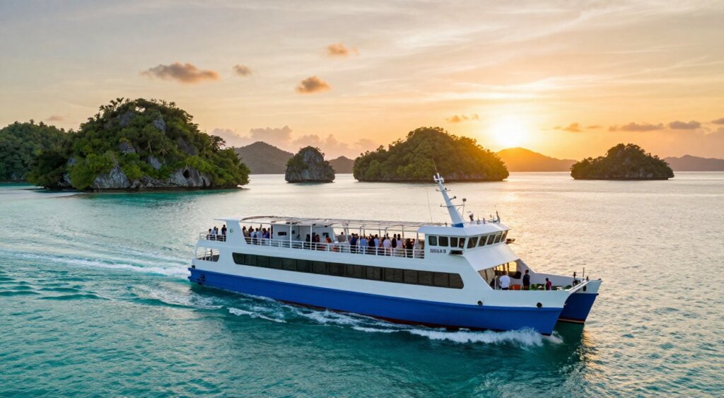 A vibrant scene of a modern ferry navigating crystal-clear turquoise waters, showcasing the best ferry service from Sorong to Raja Ampat. In the foreground, the ferry, sleek and well-maintained, cuts through gentle waves, its deck featuring travelers in modest casual clothing enjoying the view. The middle ground captures a lush green landscape of small islands adorned with tropical vegetation, revealing unique rock formations. In the background, a stunning sunset bathes the scene in warm golden and orange hues, enhancing the tranquil mood. The image is shot from a low angle, emphasizing the ferry's journey against the breathtaking scenery. Utilize soft lighting to create a serene and inviting atmosphere, akin to high-quality photojournalism.
