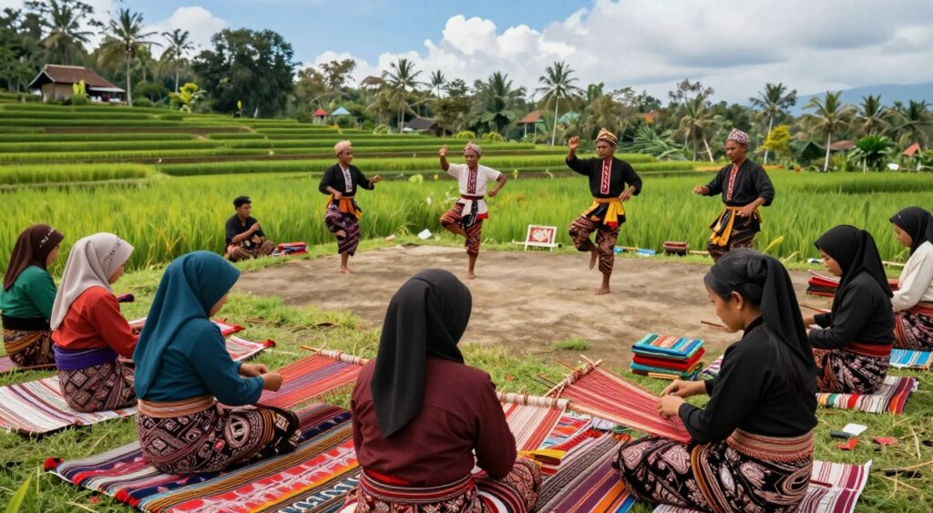 A vibrant scene showcasing Sasak cultural traditions in Lombok, Indonesia. In the foreground, a group of Sasak women dressed in traditional modest clothing engage in a weaving demonstration, with colorful woven fabrics displayed around them. In the middle ground, local men are performing a traditional dance, their movements capturing the dynamic spirit of the culture. The background features lush green rice terraces under a clear blue sky, emphasizing the natural beauty of Lombok. Soft, warm lighting enhances the atmosphere, creating a sense of authenticity and connection to the land. The angle is slightly elevated, capturing both the human activities and the stunning landscape, all while conveying a rich cultural experience.
