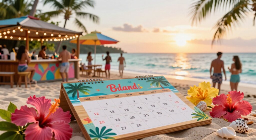 A vibrant scene showcasing a colorful Gili Islands party events calendar laid out against a sunlit beach background. In the foreground, a close-up of a handcrafted wooden calendar displaying party dates, events, and tropical-themed illustrations, surrounded by vivid hibiscus flowers and seashells. The middle ground features a lively beach bar adorned with twinkling fairy lights, with jovial people dressed in casual beachwear and enjoying cocktails under large umbrellas. In the background, turquoise waters gently lap the shore, with palm trees swaying in the light breeze and a brilliant sunset casting warm golden hues across the sky. The atmosphere is cheerful and inviting, encapsulating the energizing spirit of the Gili Islands party scene. The image should have a soft focus effect to enhance the dreamlike quality while retaining sharp details in the calendar and foreground elements.