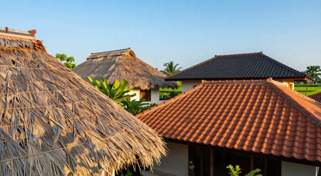 A vibrant scene showcasing a comparison between Bali thatching and tiled roofs in a picturesque setting. In the foreground, a close-up of traditional Bali thatching, intricately woven with natural grasses, displays its textured layers, while a nearby structure features a beautifully patterned ceramic tiled roof, gleaming under soft morning sunlight. In the middle ground, two contrasting homes – one adorned with the thatched roof surrounded by lush greenery, the other with a sleek tiled roof set against a clear blue sky. The background reveals Bali's lush rice terraces, adding to the island's serene atmosphere. Capture the warm, inviting light of early morning, enhancing the colors and textures while maintaining a professional photojournalism style, akin to National Geographic quality. The composition should evoke a sense of harmony between traditional and modern roofing methods.