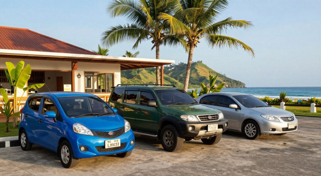 A vibrant scene showcasing a diverse selection of vehicles available for rent in Lombok. In the foreground, a compact car in bright blue, a rugged SUV in deep green, and a sleek sedan in silver are parked side by side, each positioned on a polished concrete surface. The middle ground features a sunny outdoor rental office with palm trees and tropical plants, displaying a friendly atmosphere. In the background, a glimpse of Lombok’s stunning landscape with rolling hills and distant blue ocean waves under a clear sky. The lighting is warm and inviting, simulating late afternoon sun. The image should convey a sense of adventure and ease, perfect for tourists eager to explore Lombok's beautiful scenery.