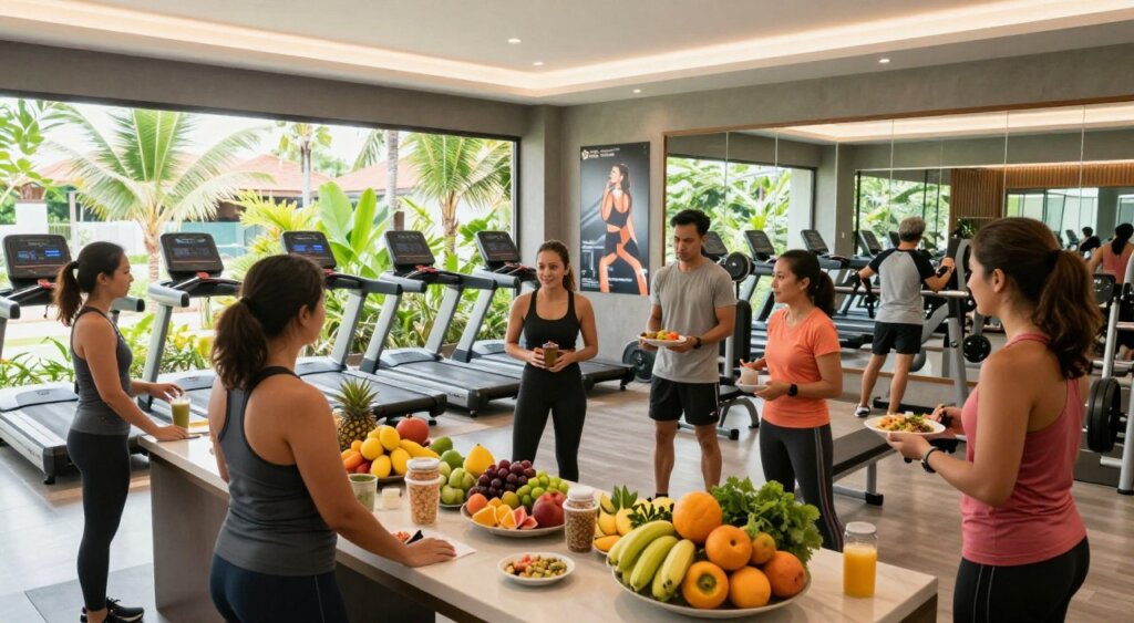 A vibrant scene showcasing a modern fitness center in Seminyak, Bali, emphasizing nutrition and wellness programs. In the foreground, a diverse group of individuals in smart casual athletic wear, collaborating during a nutrition workshop, surrounded by fresh fruits and healthy meal options displayed on a sleek table. The middle ground features state-of-the-art gym equipment, such as treadmills and weights, with motivational posters promoting a healthy lifestyle on the walls. In the background, large windows let in bright natural light, revealing lush tropical greenery outside, creating a serene atmosphere. The overall mood is energetic yet relaxing, reflecting a commitment to holistic wellness and fitness. The image is captured with a wide-angle lens from a low angle, emphasizing the spaciousness of the gym and the engaged participants.