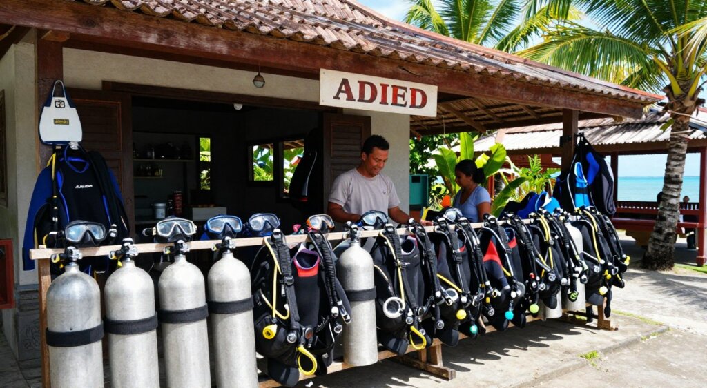 A vibrant scene showcasing a top dive center in Amed, Bali, focused on scuba diving equipment rentals. In the foreground, display neatly arranged scuba gear, including tanks, masks, and wetsuits, on wooden racks under the bright tropical sunlight. In the middle ground, depict a friendly staff member in modest casual clothing assisting customers, showcasing a welcoming atmosphere. The background features the dive shop’s exterior with traditional Balinese architecture, surrounded by lush greenery and hints of the stunning Amed coastline. Capture the image from a slight low angle to emphasize the dive shop and the gear, using natural light to create a warm, inviting mood, reminiscent of a National Geographic photojournalism style.