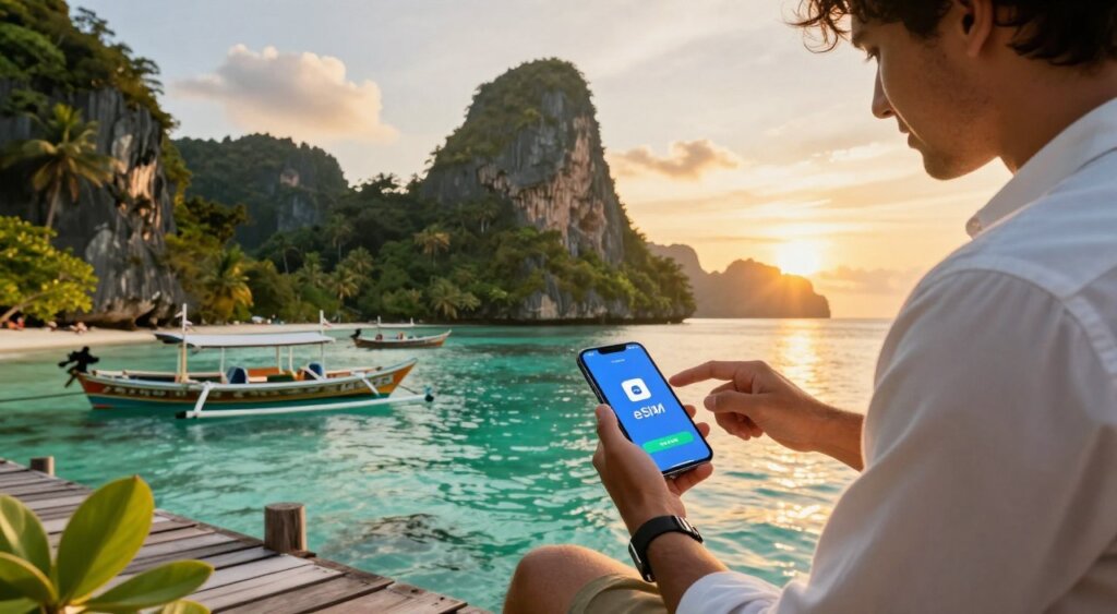 A vibrant scene showcasing a traveler in a picturesque setting of Raja Ampat, Indonesia, as they activate an eSIM data plan on a smartphone. In the foreground, the traveler, dressed in professional casual attire, is using their phone on a wooden dock surrounded by lush tropical vegetation and crystal-clear turquoise waters. The middle ground features traditional wooden fishing boats gently bobbing in the waves, while the stunning limestone formations rise dramatically in the background, silhouetted against a golden sunset sky. The lighting is warm and soft, creating an inviting atmosphere. The angle captures both the stunning natural beauty of Raja Ampat and the modern technology of eSIM activation, merging adventure and connectivity seamlessly. A vibrant scene showcasing a traveler in a picturesque setting of Raja Ampat, Indonesia, as they activate an eSIM data plan on a smartphone. In the foreground, the traveler, dressed in professional casual attire, is using their phone on a wooden dock surrounded by lush tropical vegetation and crystal-clear turquoise waters. The middle ground features traditional wooden fishing boats gently bobbing in the waves, while the stunning limestone formations rise dramatically in the background, silhouetted against a golden sunset sky. The lighting is warm and soft, creating an inviting atmosphere. The angle captures both the stunning natural beauty of Raja Ampat and the modern technology of eSIM activation, merging adventure and connectivity seamlessly.