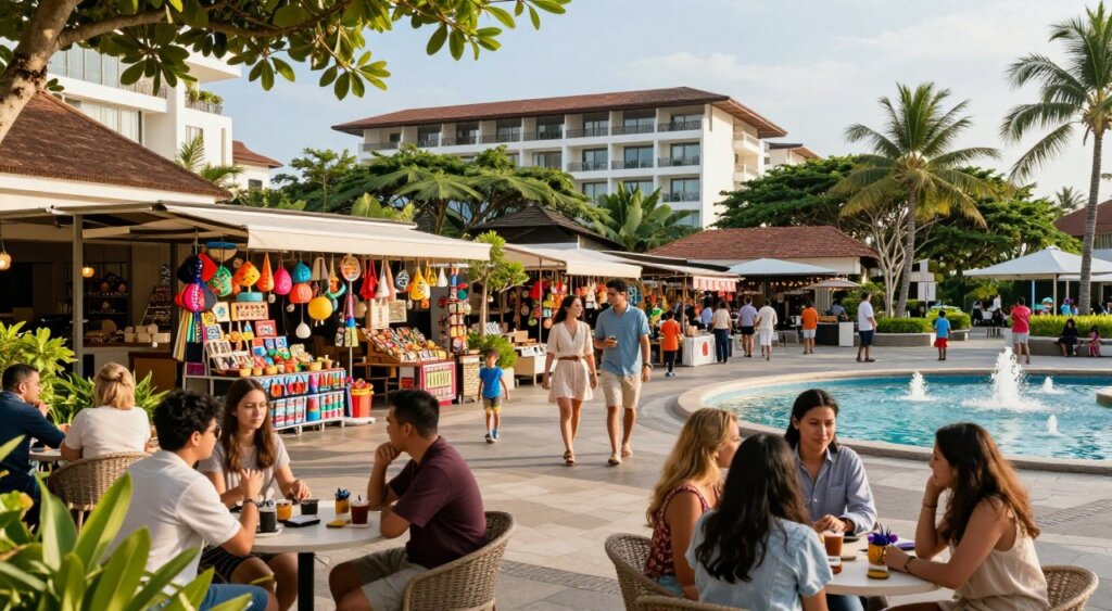 A vibrant scene showcasing leisure activities at Seminyak Square. In the foreground, diverse groups of people enjoy leisurely conversations at outdoor cafés, dressed in modest casual attire. In the middle, couples stroll through a market filled with colorful handicrafts and local goods, while children play in a nearby area with small fountains. The background features the stylish architecture of Seminyak Square Hotel and Villas, surrounded by lush greenery and tropical landscaping. The scene is bathed in warm afternoon sunlight, casting soft shadows and creating an inviting atmosphere. Captured from a slightly elevated angle to encapsulate the lively interaction and beautiful surroundings, evoking a sense of relaxation and enjoyment.