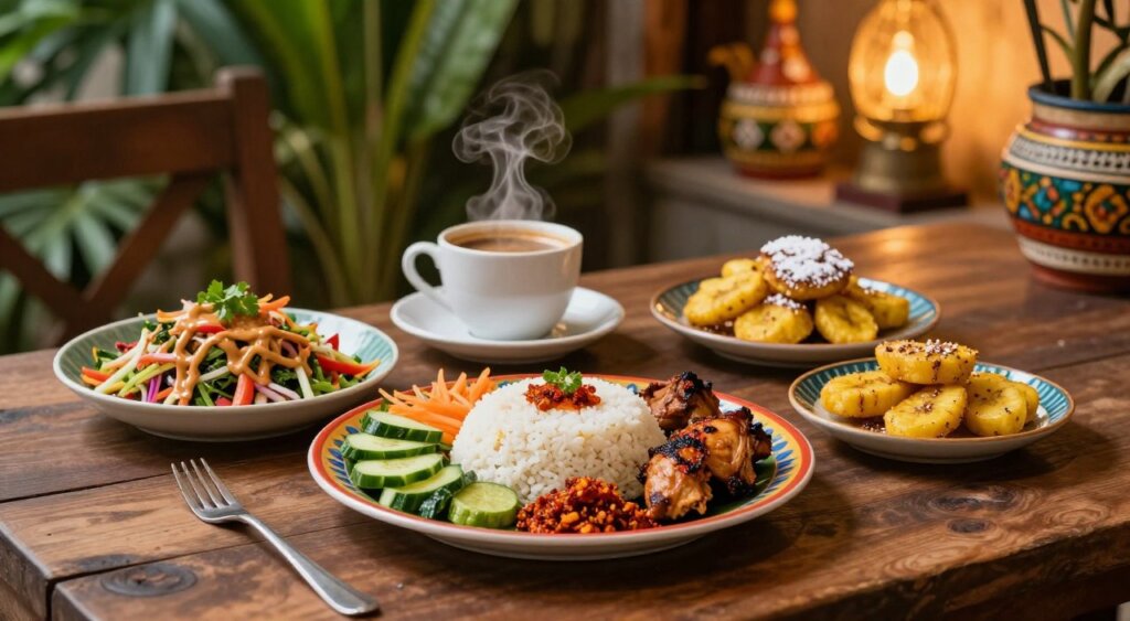 A vibrant scene showcasing must-try local dishes in Seminyak, beautifully arranged on a rustic wooden table. In the foreground, highlight a colorful plate of Nasi Campur, featuring rice surrounded by assorted vegetables, grilled chicken, and spicy sambal. Beside it, a bowl of fresh Gado-Gado salad drizzled with peanut sauce. In the middle ground, capture a steaming cup of Balinese coffee and a plate of Pisang Goreng (fried bananas) with a sprinkle of powdered sugar. The background should feature lush tropical foliage and traditional Balinese decor, softly illuminated by warm, golden lighting. Use a shallow depth of field to emphasize the dishes, creating a cozy and inviting mood that reflects the culinary delight of Seminyak. The image should evoke a sense of authenticity and warmth, perfect for enticing food lovers.