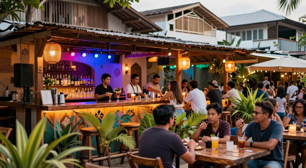 A vibrant scene showcasing popular nightlife spots in Seminyak, highlighting local bars filled with unique character. In the foreground, a cozy bar setting features patrons in modest casual attire enjoying drinks at rustic wooden tables adorned with tropical plants. The middle layer captures a lively atmosphere with colorful lights illuminating the bar, while bartenders mix cocktails artfully. In the background, iconic Seminyak architecture with open-air designs and decorative elements complements the ambiance. The lighting is warm and inviting, creating a sense of excitement, with a slightly blurred bokeh effect to enhance depth. Aim for a photojournalism-style image that conveys the lively spirit and charm of Seminyak's local nightlife.