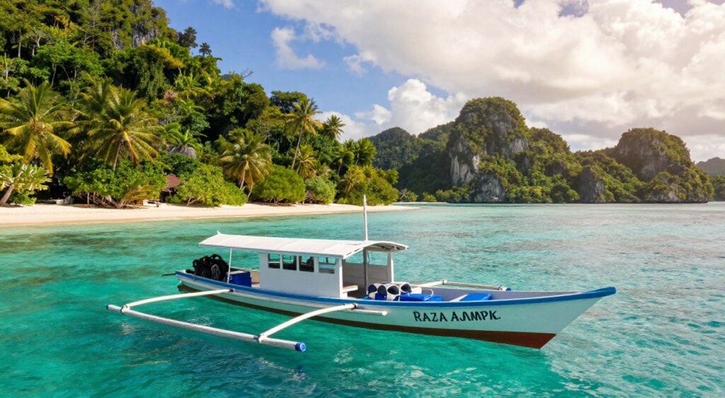 A vibrant scene showcasing reliable logistics in Raja Ampat, focusing on a small, sturdy boat in the foreground, equipped with supplies for transportation. The middle ground features a lush, tropical island with dense greenery and sandy beaches, while the background reveals a series of picturesque, limestone islands rising from the crystal-clear, turquoise waters. Natural sunlight filters through scattered clouds, adding warmth to the scene and creating shimmering reflections on the water. Capture the essence of adventure and efficiency, with a professional quality akin to National Geographic photography, highlighting the logistical pathways vital for exploring this remote paradise. The overall mood should be optimistic and serene.