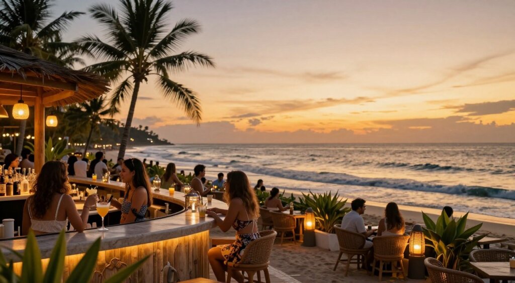 A vibrant scene showcasing the best beachfront bars in Seminyak during sunset, with warm golden hues reflecting off the ocean. In the foreground, a stylish bar with patrons enjoying cocktails, wearing fashionable yet modest summer attire. The middle ground features well-designed outdoor seating, lanterns softly glowing, and lush tropical plants enhancing the atmosphere. The background reveals silhouetted palm trees against the vivid twilight sky, with gentle waves lapping at the shore. The composition captures a sense of relaxation and celebration, inviting viewers into the lively ambiance of Seminyak's nightlife. Use soft focus to emphasize the bar scene while retaining sharp details of the surrounding environment, evoking a warm, inviting mood for the subject matter.