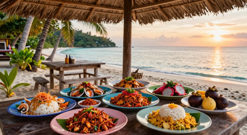 A vibrant scene showcasing the culinary delights of the Gili Islands in Lombok, with a beautifully arranged table featuring traditional Indonesian dishes. In the foreground, an assortment of colorful plates filled with fresh seafood, spicy sambal, fragrant nasi goreng, and tropical fruits like mangosteen and dragon fruit. The middle ground reveals a cozy beachside setting, with a rustic wooden table under an thatched roof, surrounded by lush greenery and palm trees. In the background, crystal-clear waters under a sunset sky create a warm golden glow, enhancing the inviting atmosphere. Natural lighting captures the textures and colors of the food, evoking a sense of adventure and relaxation. The composition has a professional photojournalistic quality, reminiscent of National Geographic, focusing on the vibrant food culture of the Gili Islands. A vibrant scene showcasing the culinary delights of the Gili Islands in Lombok, with a beautifully arranged table featuring traditional Indonesian dishes. In the foreground, an assortment of colorful plates filled with fresh seafood, spicy sambal, fragrant nasi goreng, and tropical fruits like mangosteen and dragon fruit. The middle ground reveals a cozy beachside setting, with a rustic wooden table under an thatched roof, surrounded by lush greenery and palm trees. In the background, crystal-clear waters under a sunset sky create a warm golden glow, enhancing the inviting atmosphere. Natural lighting captures the textures and colors of the food, evoking a sense of adventure and relaxation. The composition has a professional photojournalistic quality, reminiscent of National Geographic, focusing on the vibrant food culture of the Gili Islands.