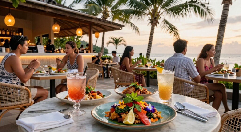 A vibrant scene showcasing the culinary landscape of Seminyak, featuring a beautifully arranged table with a fusion of traditional Indonesian dishes and modern gastronomic twists. In the foreground, a plate of colorful, artistic fusion food garnished with fresh herbs and edible flowers sits next to intricately designed cocktails in stylish glassware. The middle layer captures the ambiance of a chic, open-air restaurant, with stylish patrons dressed in casual yet tasteful attire enjoying their meals, their expressions reflecting delight and satisfaction. In the background, palm trees sway gently, and softly lit lanterns flicker, adding to the warm, inviting atmosphere of a sunset. The image should have natural, warm lighting, shot with a wide-angle lens to capture the lively setting, highlighting the unique fusion of flavors and the sophisticated yet laid-back vibe of Seminyak's culinary scene.