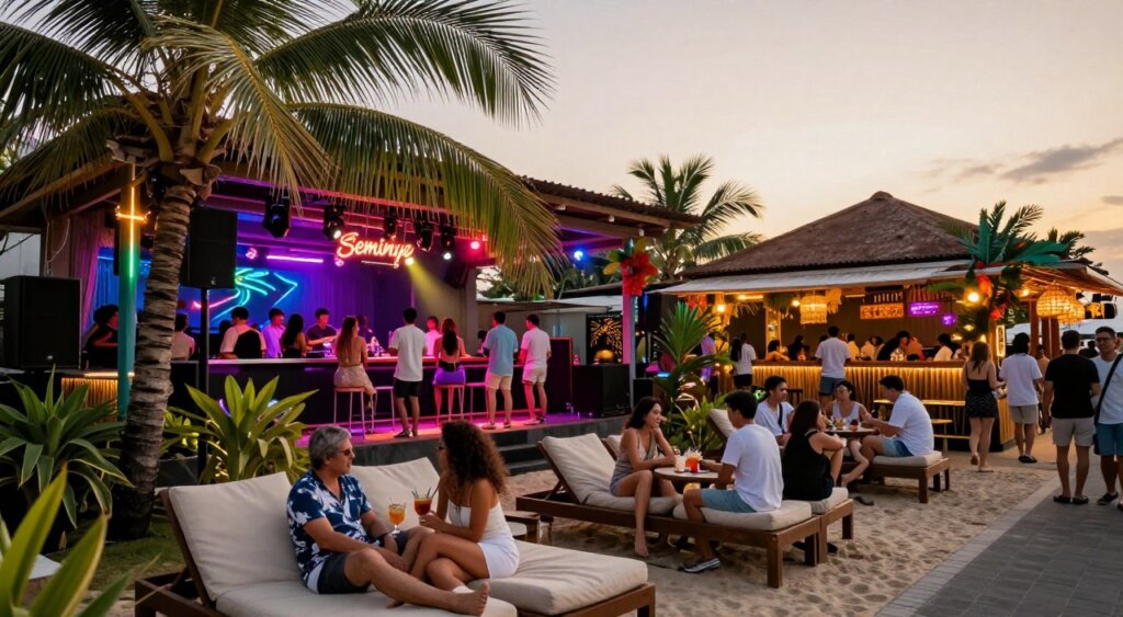 A vibrant scene showcasing the diverse types of clubs in Seminyak, Bali. In the foreground, a chic beach club with elegant lounge chairs and palm trees, featuring patrons in modest casual clothing enjoying cocktails. In the middle ground, a lively night club with neon lights, a dance floor filled with people, and a DJ booth, all immersed in colorful lighting effects. In the background, the silhouette of a bustling street lined with boutique clubs and bars, adorned with tropical decorations, evoking an energetic nightlife atmosphere. Capture this scene during the golden hour, with soft, warm lighting that highlights the inviting ambiance, shot with a wide-angle lens to encompass the full vibrancy of Seminyak’s club scene.