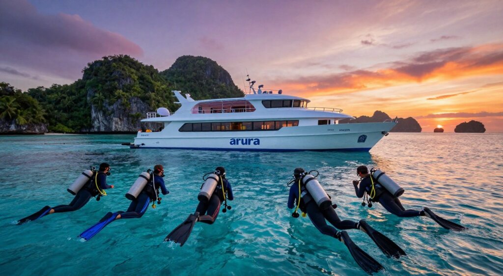 A vibrant scene showcasing the exhilarating Aurora liveaboard diving experience in Raja Ampat. In the foreground, a group of divers in professional diving gear, wearing wetsuits and equipped with tanks and underwater cameras, prepares to leap into the crystal-clear turquoise water. In the middle ground, the majestic liveaboard vessel, the Aurora, is anchored against a backdrop of lush green islands and rocky cliffs, reflecting its sleek design and inviting atmosphere. The background features a stunning sunset sky painted in hues of orange, pink, and purple, creating a tranquil and magical ambiance as the sun sinks below the horizon. Use soft, natural lighting to enhance the beauty of the seascape and convey a sense of adventure and serenity. The image should capture the essence of underwater exploration and the allure of the Raja Ampat region. A vibrant scene showcasing the exhilarating Aurora liveaboard diving experience in Raja Ampat. In the foreground, a group of divers in professional diving gear, wearing wetsuits and equipped with tanks and underwater cameras, prepares to leap into the crystal-clear turquoise water. In the middle ground, the majestic liveaboard vessel, the Aurora, is anchored against a backdrop of lush green islands and rocky cliffs, reflecting its sleek design and inviting atmosphere. The background features a stunning sunset sky painted in hues of orange, pink, and purple, creating a tranquil and magical ambiance as the sun sinks below the horizon. Use soft, natural lighting to enhance the beauty of the seascape and convey a sense of adventure and serenity. The image should capture the essence of underwater exploration and the allure of the Raja Ampat region.
