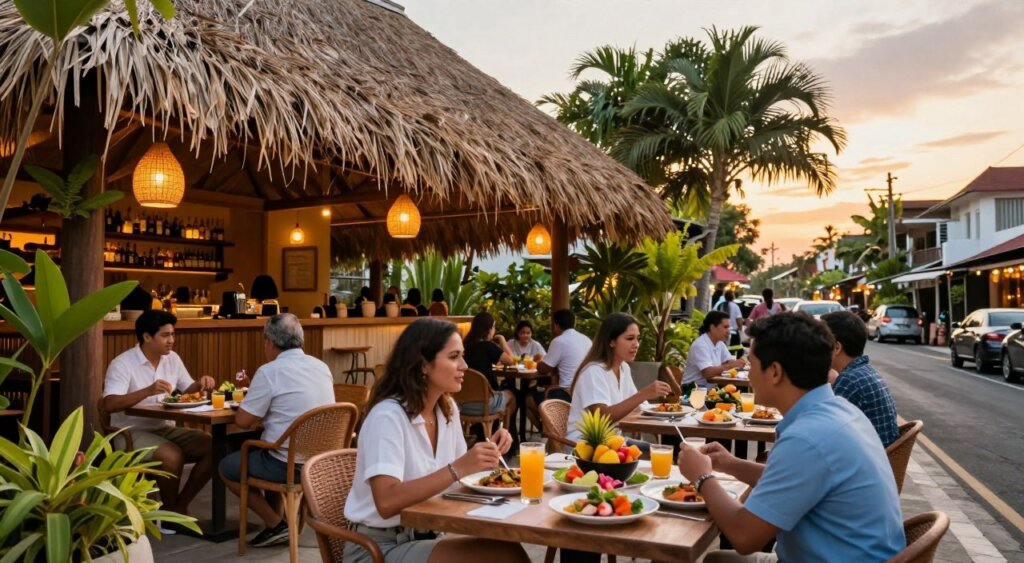 A vibrant scene showcasing the top restaurants in Seminyak, Bali, with a lively outdoor dining atmosphere. In the foreground, a beautifully set table with colorful dishes, tropical fruits, and drinks, attended by guests dressed in smart casual attire. The middle ground features a charming restaurant with a thatched roof, illuminated by warm pendant lights, surrounded by lush greenery and potted plants, creating a tropical oasis feel. In the background, the bustling streets of Seminyak are captured at sunset, casting a golden glow over the scene. The image should have soft, natural lighting, with a shallow depth of field to emphasize the dining experience, evoking a warm, inviting mood perfect for food lovers exploring Seminyak’s culinary delights.
