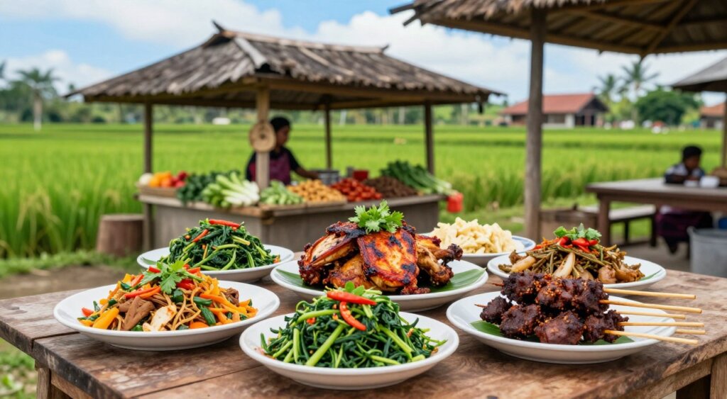 A vibrant scene showcasing traditional Lombok cuisine, featuring a beautifully arranged spread of local delicacies such as Ayam Taliwang (grilled chicken), Plecing Kangkung (water spinach salad), and Sate Rembiga (spicy beef skewers). In the foreground, a rustic wooden table holds colorful dishes garnished with fresh herbs and chilies, invitingly styled. The middle ground captures a traditional Lombok market stall, adorned with fresh vegetables and spices, reflecting the local culinary culture. In the background, lush green rice paddies under a bright blue sky, creating a serene atmosphere. Soft natural lighting enhances the vivid colors of the food, while capturing an essence of warmth and hospitality. The composition should evoke a sense of authenticity and delight, suitable for a cultural exploration of Lombok's culinary heritage.