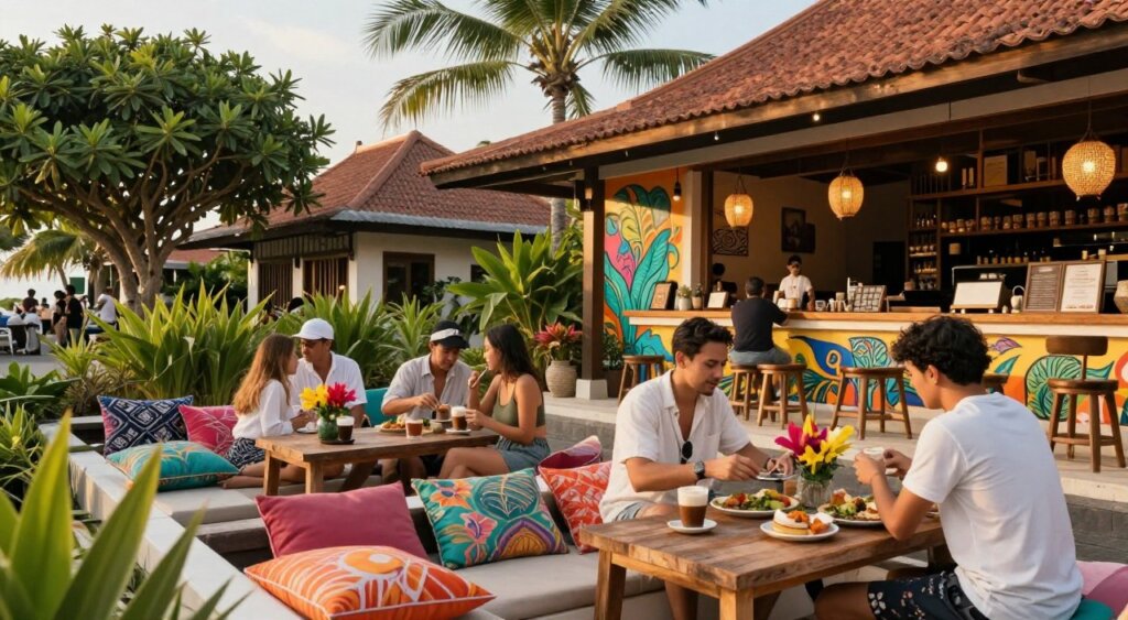 A vibrant scene showcasing trendy cafes in Seminyak, Bali, capturing the essence of local culture. In the foreground, stylish outdoor seating with colorful cushions, wooden tables adorned with fresh tropical flowers. In the middle ground, patrons enjoying artisanal coffees and organic meals, dressed in casual, modest beachwear and light attire, exuding a relaxed atmosphere. The background features lush greenery and tropical palms swaying in the gentle breeze, with artistic cafe facades showcasing unique architecture, vibrant murals, and hanging lanterns. Golden hour lighting casts a warm glow, enhancing the inviting ambiance. The photo should be shot with a wide-angle lens to capture the bustling environment, creating an immersive view of this lively cafe culture.