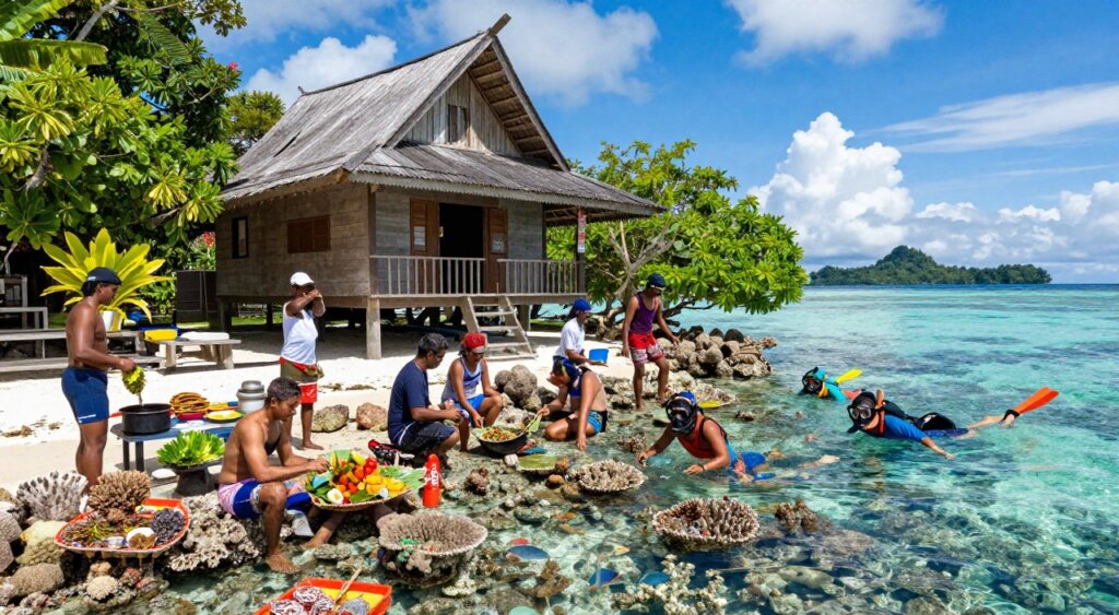 A vibrant scene showcasing various activities at Raja Ampat homestays, emphasizing the tropical paradise atmosphere. In the foreground, a diverse group of travelers in modest casual clothing enjoy a guided snorkeling tour, marveling at colorful coral reefs and tropical fish. The middle ground features a traditional wooden homestay, with its distinct architecture surrounded by lush greenery, as local hosts demonstrate cooking traditional dishes. In the background, turquoise waters extend toward a distant island, under a bright blue sky with fluffy white clouds. The composition captures the joyful interactions and cultural experiences, using natural sunlight to illuminate the scene, reminiscent of a National Geographic photojournalism style. The angle is slightly elevated, providing a panoramic view of this idyllic setting, evoking a sense of adventure and connection with nature.