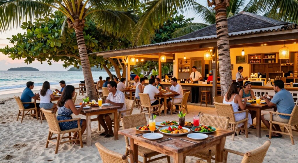 A vibrant scene showcasing various dining options near Gili Trawangan villas, featuring a cozy beachfront restaurant with rustic wooden tables and woven chairs set under palm trees, illuminated by warm sunset lighting. In the foreground, a table is beautifully arranged with plates of colorful local cuisine and refreshing drinks, creating an inviting atmosphere. The middle ground reveals a bustling open-air restaurant filled with guests in modest casual clothing enjoying their meals, with cheerful waitstaff attending to them. In the background, you can see lush greenery and the soft waves of the ocean, with a hint of the distant island landscape. The image captures a serene yet lively mood, reminiscent of a tropical dining experience, with a focus on rich colors and textures, all styled as high-quality photojournalism.