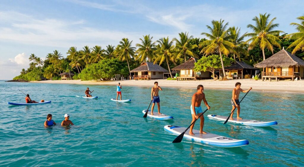 A vibrant scene showcasing water sports activities on Gili Air, capturing the essence of both serenity and excitement. In the foreground, a group of diverse individuals in modest casual clothing are engaged in paddleboarding, their faces expressing joy and concentration. The middle ground includes kayakers navigating the crystal-clear turquoise waters, while others are enjoying a leisurely swim. In the background, lush green palm trees and traditional Indonesian bungalows create a tropical paradise vibe under the warm golden sunlight. The sky is a gradient of soft blues and whites, suggesting a clear and inviting day. The angle is slightly elevated, providing a comprehensive view of the activities and the beautiful landscape. The overall mood is cheerful and adventurous, perfect for a vibrant vacation atmosphere. A vibrant scene showcasing water sports activities on Gili Air, capturing the essence of both serenity and excitement. In the foreground, a group of diverse individuals in modest casual clothing are engaged in paddleboarding, their faces expressing joy and concentration. The middle ground includes kayakers navigating the crystal-clear turquoise waters, while others are enjoying a leisurely swim. In the background, lush green palm trees and traditional Indonesian bungalows create a tropical paradise vibe under the warm golden sunlight. The sky is a gradient of soft blues and whites, suggesting a clear and inviting day. The angle is slightly elevated, providing a comprehensive view of the activities and the beautiful landscape. The overall mood is cheerful and adventurous, perfect for a vibrant vacation atmosphere.