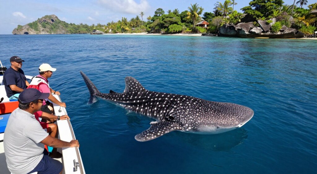 A vibrant scene showcasing whale shark tour operators in action in Indonesia. In the foreground, a small, eco-friendly boat with cheerful tour guides and divers in modest casual clothing, smiling as they prepare for a whale shark encounter. The middle ground features the majestic blue expanse of the ocean, with a graceful whale shark swimming gracefully beneath the crystal-clear surface. Sunlight filters through the water, creating shimmering patterns that highlight the whale shark's unique spots. In the background, lush tropical islands and rocky coastlines frame the scene, enhancing the exotic and serene atmosphere. The image should evoke a sense of adventure and respect for marine life, captured in soft natural lighting with a wide-angle lens to encompass both the boat and the marine environment.