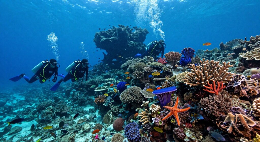 A vibrant scuba diving scene in Raja Ampat, showcasing rich biodiversity underwater. In the foreground, a group of divers in professional wetsuits exploring coral reefs teeming with colorful fish, starfish, and various marine life. The middle ground features intricate coral formations with hues of blue, purple, and orange, illuminated by soft, dappled sunlight filtering through the water's surface. In the background, majestic underwater rock formations and schools of fish create a sense of depth and movement. The mood is serene and awe-inspiring, capturing the beauty and wonder of marine exploration in this tropical paradise. The image should have a high-resolution, realistic quality akin to National Geographic photography, with clear details and vibrant colors, showcasing the enchanting environment of Raja Ampat.